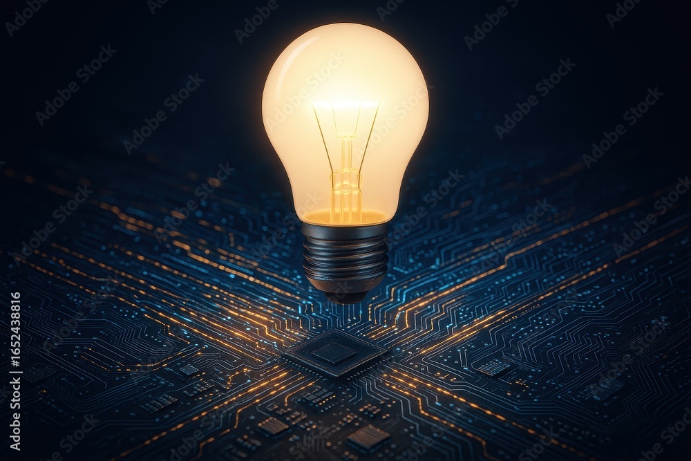 Poster illuminated innovative lightbulb floating above intricate circuit board patterns representing breakt