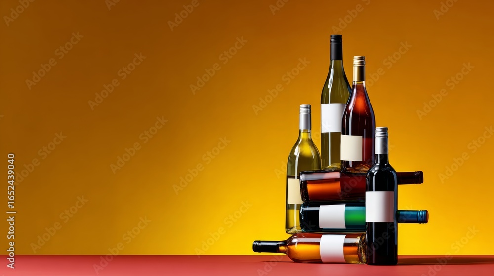Poster stack of wine bottles on a table with a yellow background. the bottles are of different colors and s