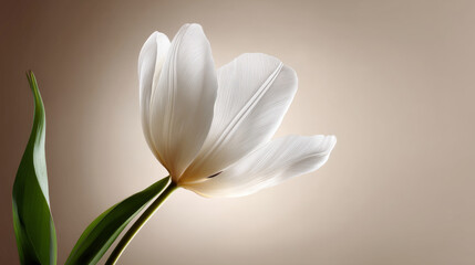 A delicate white tulip with soft, diffused lighting on a light beige background, subtle and simple