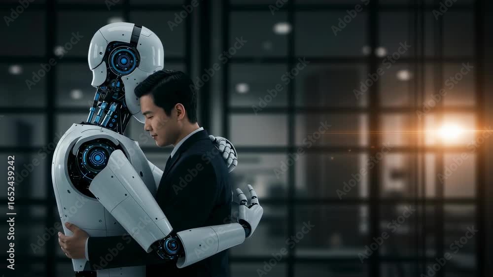 Poster robot extending hand towards a man, then shaking hands, symbolizing artificial intelligence integrat