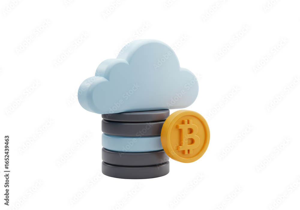 Poster isolated 3d render of a cloud server with bitcoin cryptocurrency stack and database icon