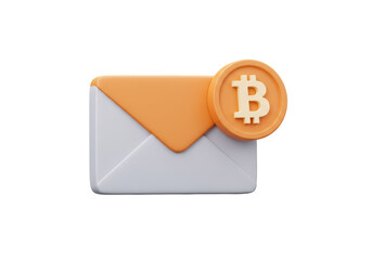 Isolated 3D Render of an Email Envelope with Bitcoin Notification Coin