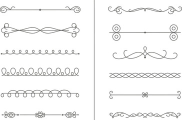 Fototapeta premium Collection of Horizontal Flourish Dividers Ornaments on White, Line Art Borders