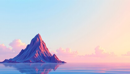 A stunning, vibrant, and colorful depiction of a mountain rising from the calm waters at sunset