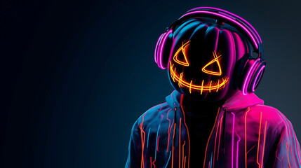 A neon dark blue jack-o’-lantern glows with a futuristic technology-inspired Halloween style.
