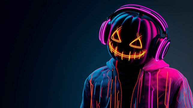 A neon dark blue jack-o’-lantern glows with a futuristic technology-inspired Halloween style.