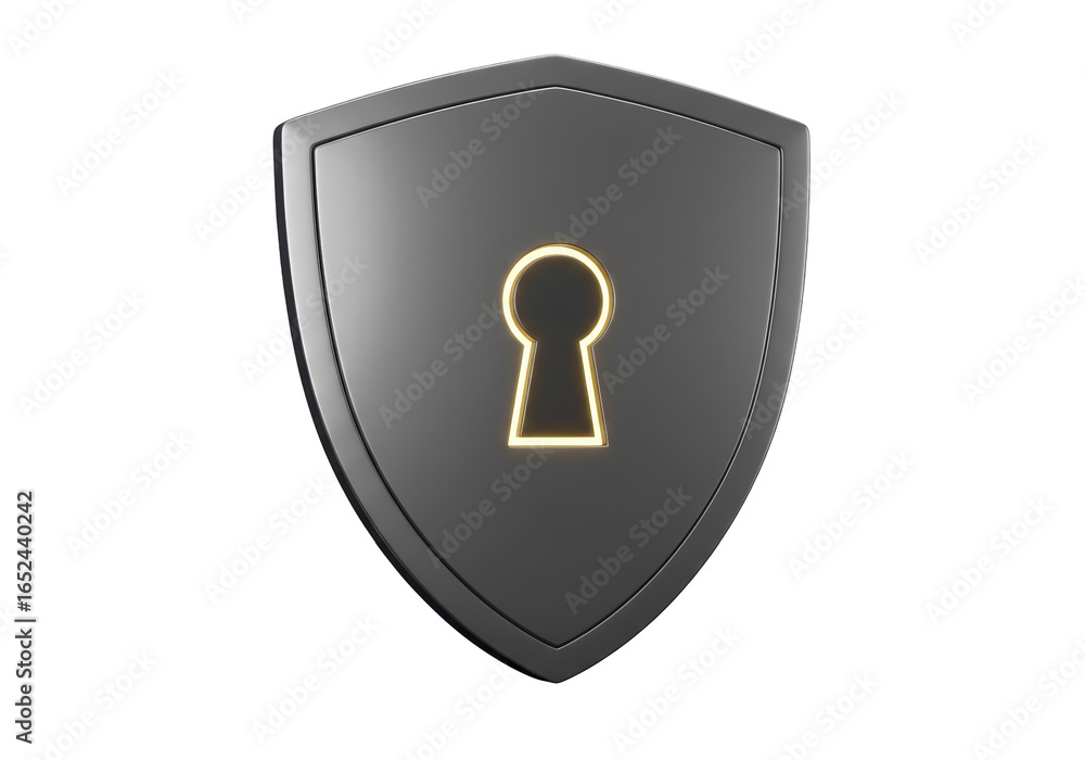 Poster isolated 3d render of a metallic shield with a glowing keyhole, symbolizing security and locked acce