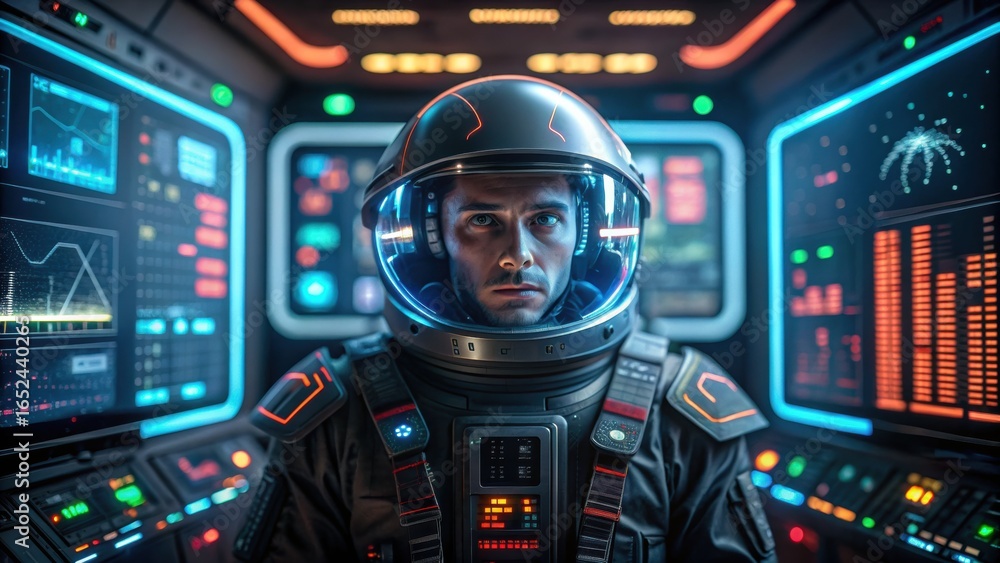 Aufkleber digital transformation + inflation trends + space exploration a focused astronaut inside a high-tech