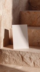 Blank beige card standing on textured stone stairs with warm natural sunlight casting soft shadows