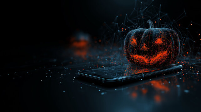 A Halloween digital design in technology style set against a bright black background.
