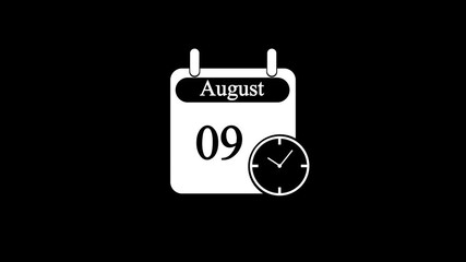 day date 09 august concept template calendar page animation concept.deadline concept. calendar and time clock animation, whit black background and 4k video animation .