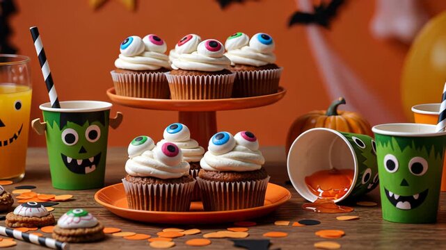 Spooky halloween dessert table with cupcakes and cookies in festive atmosphere