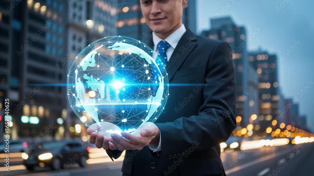 Poster man holding glowing digital earth. global network connection system and internet technology planet. 
