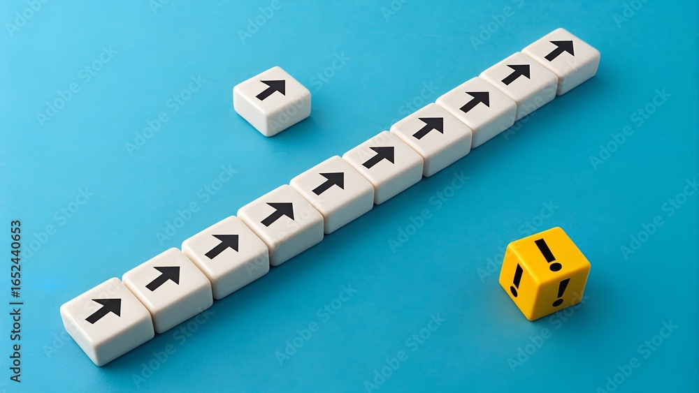Poster white blocks with black arrows in a line and a yellow block with exclamation marks on blue surface –