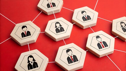 Network of hexagonal tiles with businesspeople connected by lines on red background – Organizational structure, business networking, abstract, communication, teamwork, leadership, corporate