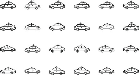 Collection of Minimal Line Icons Representing Various Vehicles Including Cars, Trucks, Buses, Motorcycles, Bicycles, Construction Equipment, and Emergency Vehicles