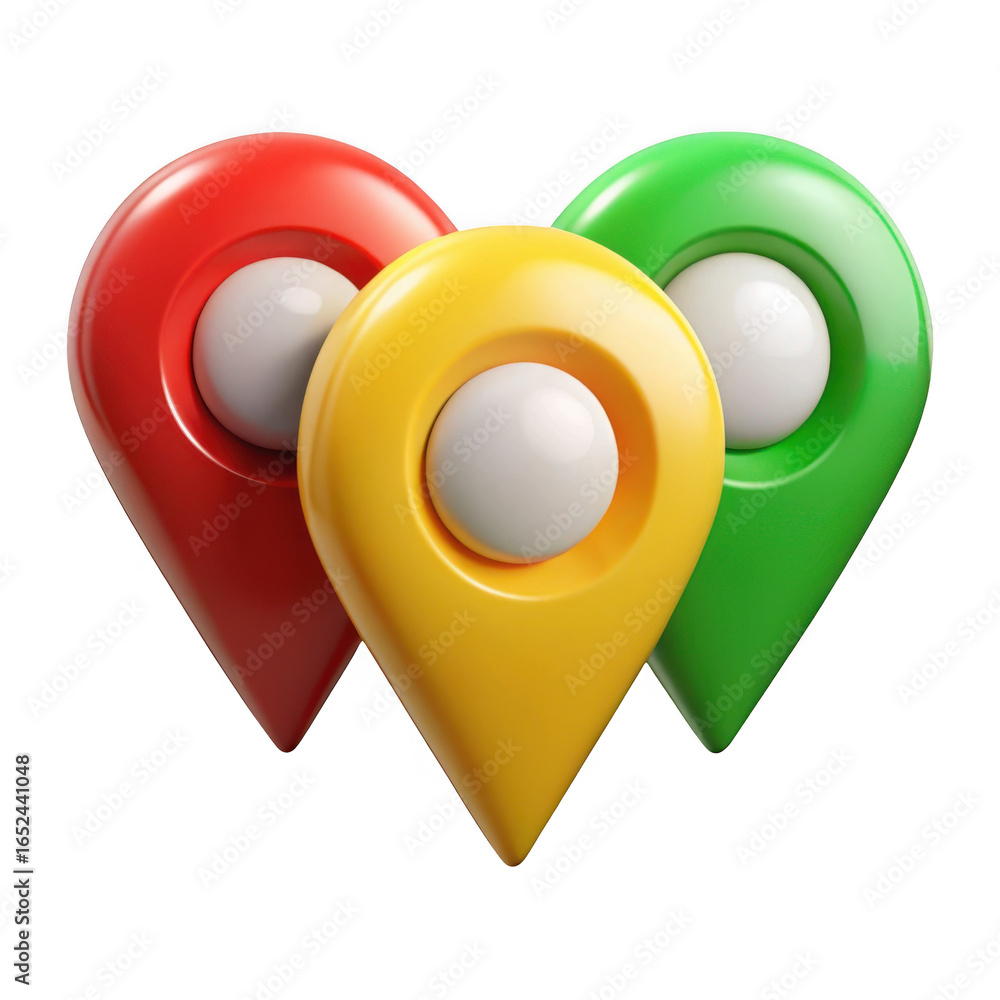 Poster three colorful map pins isolated on transparent background