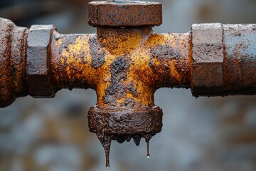 Diesel Rig Spill concept. Rusty pipe with leaking