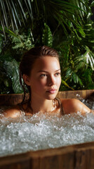 Obraz premium Young woman relaxing in ice bath surrounded by tropical plants, enjoying refreshing and calming moment outdoors