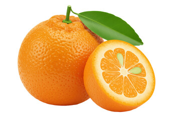Isolated Realistic Whole and Sliced Satsuma Orange with Green Leaf, Representing Fresh Fruit and Healthy Eating