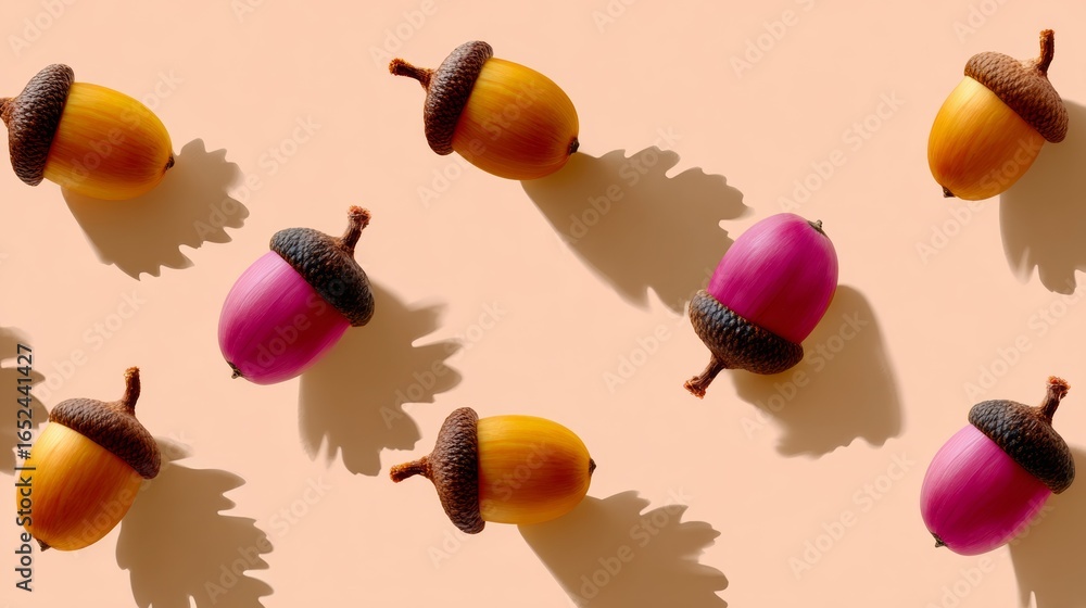 Poster row of acorns with some of them being pink and some of them being yellow. the acorns are arranged in