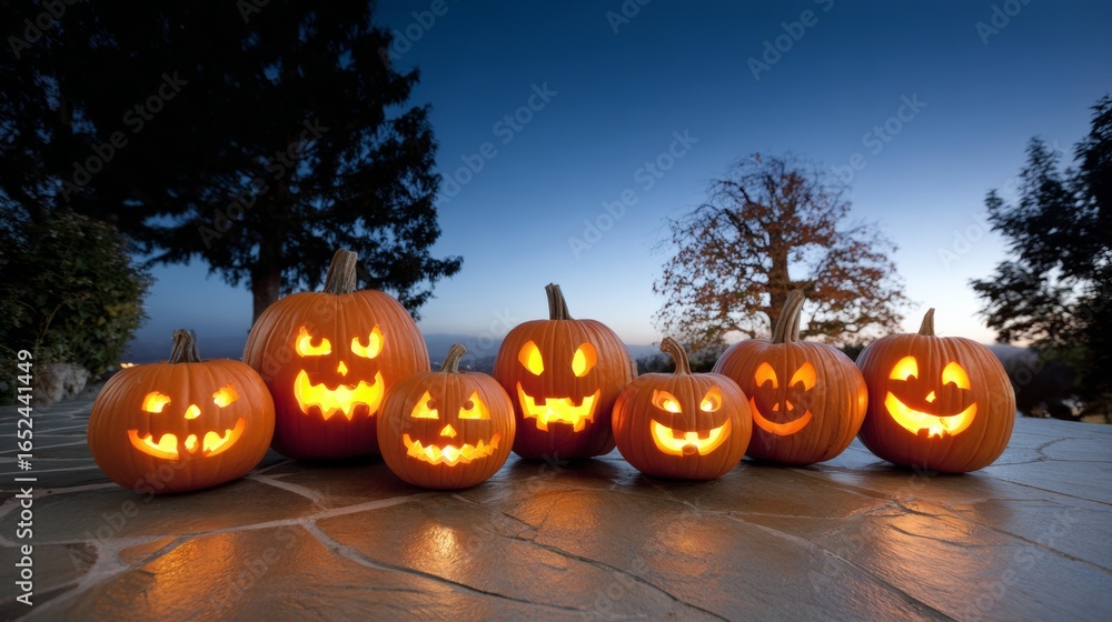 Poster group of pumpkins with faces carved into them are lined up on a table. the pumpkins are all differen