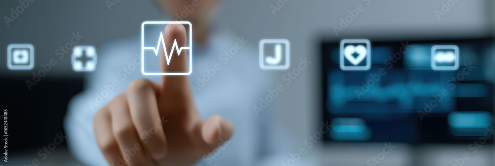 Poster professional interacts with floating digital interface displaying various health symbols.