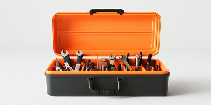 A still life in the style of Leroy Grimson, depicting an open plastic tool box filled with tools, set against a white background.