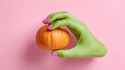 Person with green fingernails is holding a pumpkin in their hand