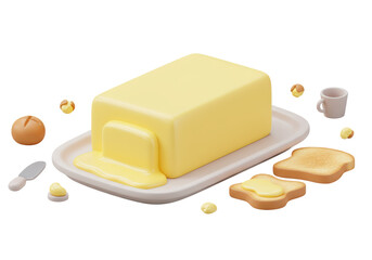 Isolated 3D Render of Butter Stick on Plate with Toasted Bread and Knife, Representing Breakfast and Dairy Products
