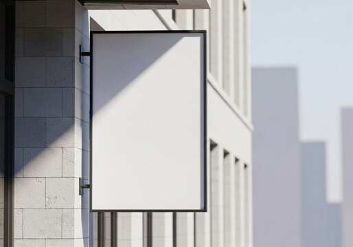 Blank vertical signboard mockup hanging on a modern stone building facade in a sunlit city.