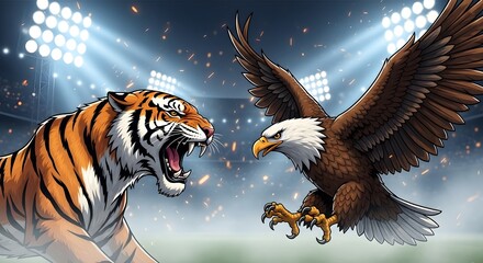 A fierce tiger and a powerful eagle face off in an epic confrontation inside a brightly lit sports stadium.