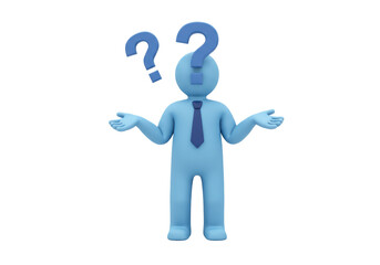 Isolated 3D Character of a Confused Business Man with Question Marks, Representing Uncertainty and Problem Solving