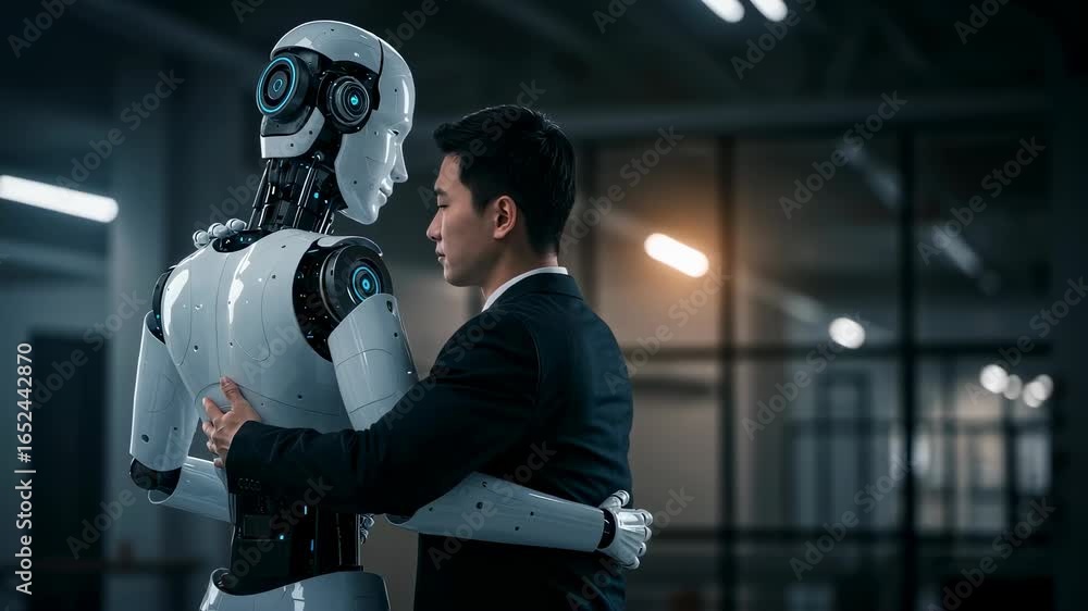 Poster man and robot embracing, showcasing human interaction with artificial intelligence. future technolog