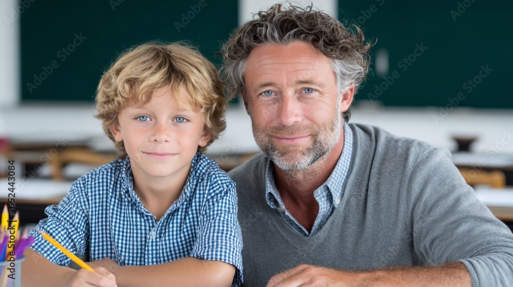 Poster man and a boy are sitting at a desk in a classroom. the boy is smiling and the man is smiling back