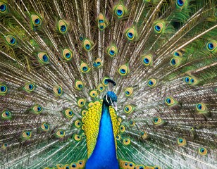 Fototapeta premium A vibrant peacock displays its iridescent tail feathers in a full display