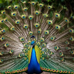 Obraz premium A vibrant peacock displays its iridescent tail feathers in a full, majestic plume