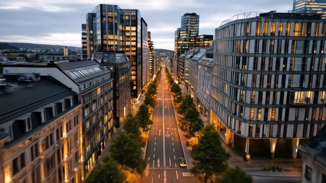 Evening Cityscape: Aerial View of Oslo Street with Modern Architecture and Car Traffic
