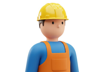 Isolated 3D Render: Cartoon Construction Worker in Hard Hat and Overalls