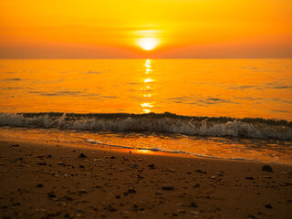 Sea sunset sky evening sunrise cloud weather dramatic landscape goldent and indigo color gradient pastel horizon, twilight yellow golden reflection morning nature environment energy ecosystem change.