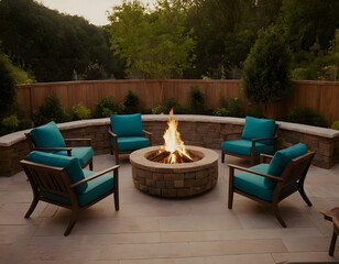 Fototapeta premium Relaxing Outdoor Fireplace Setup with Sunset View and Seating Area. Modern Patio Fire Pit with Cushioned Chairs in Nature Landscape.