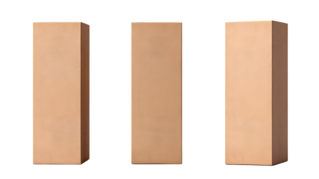Three identical beige rectangular prisms stand isolated, showcasing clean design and minimalist form isolated on white background