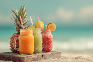 Fruit juice on tropical beach abstract background. Summer food and drink. Generative ai.