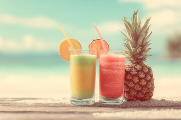 Fruit juice on tropical beach abstract background. Summer food and drink. Generative ai.