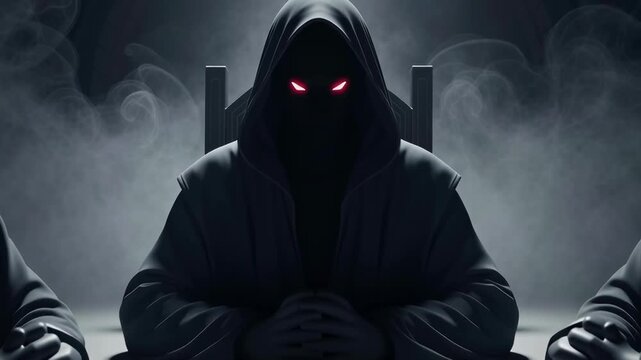 Group of mysterious hooded men with glowing eyes in a smoky meeting room, dark ritual concept for secret society footage.