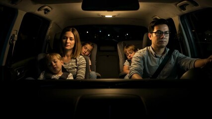 Front view of a man driving with a woman and three sleeping kids on a night road trip, depicting family travel.