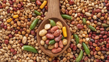 Fototapeta premium Colorful Assortment of Peanuts with Vegetables, Served with Spoon for Snacking.