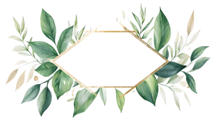 Elegant gold geometric frame adorned with lush green watercolor foliage for invitations and design isolated on white background