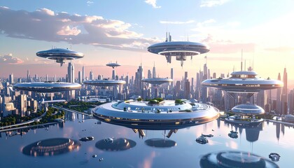 Fototapeta premium A futuristic city with flying saucer-like structures hovering over water against a modern skyline at sunset.
