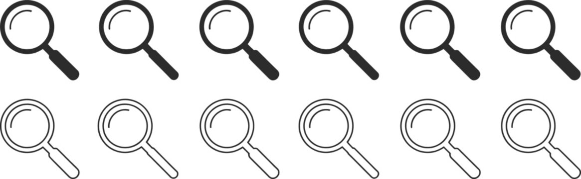 Magnifying Glass Icon Set, Search Tool, Line Art, Isolated, Silhouette, Transparent